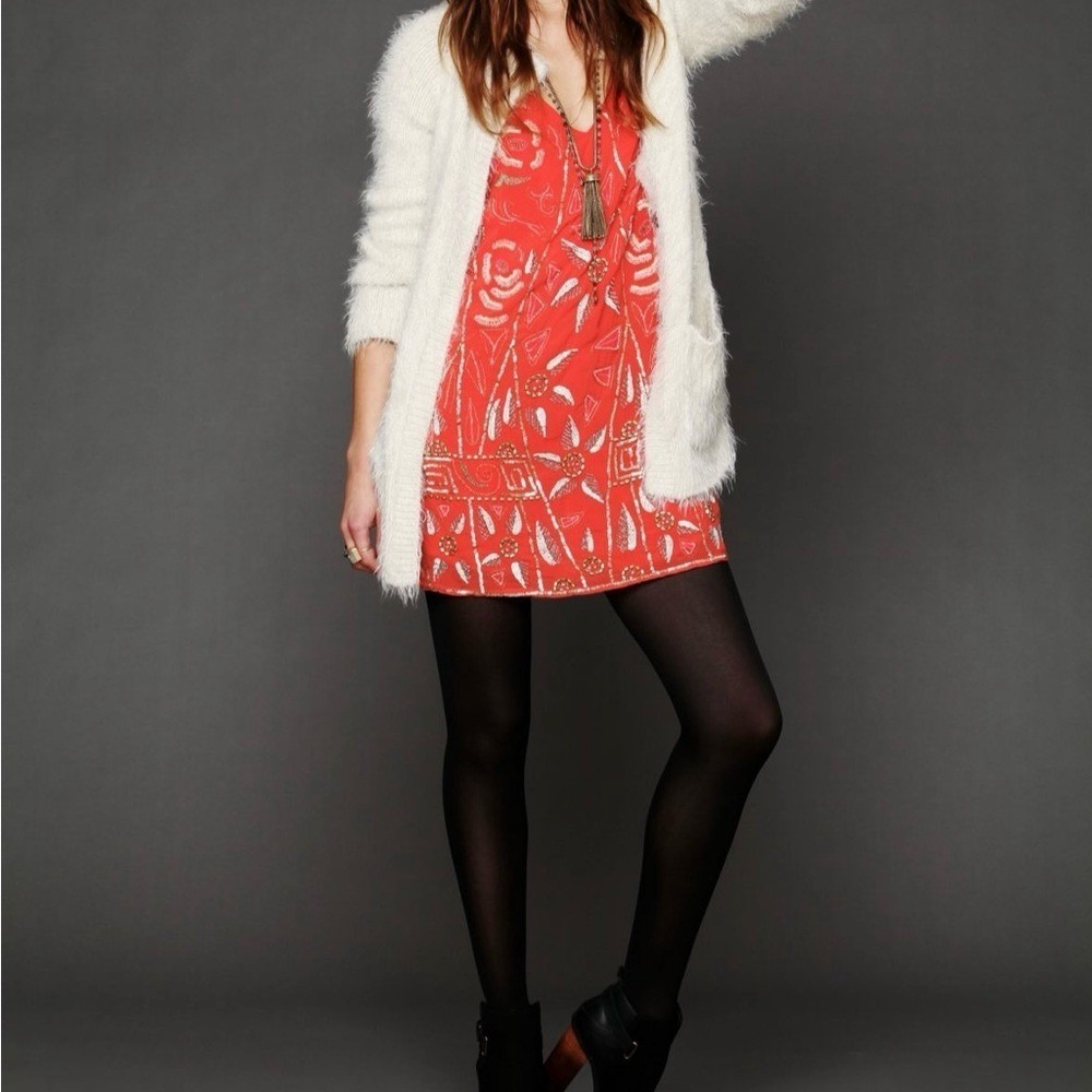 Free People Mini Dress Women XS Red Beaded Sequin‎ Boho Shift OB334008